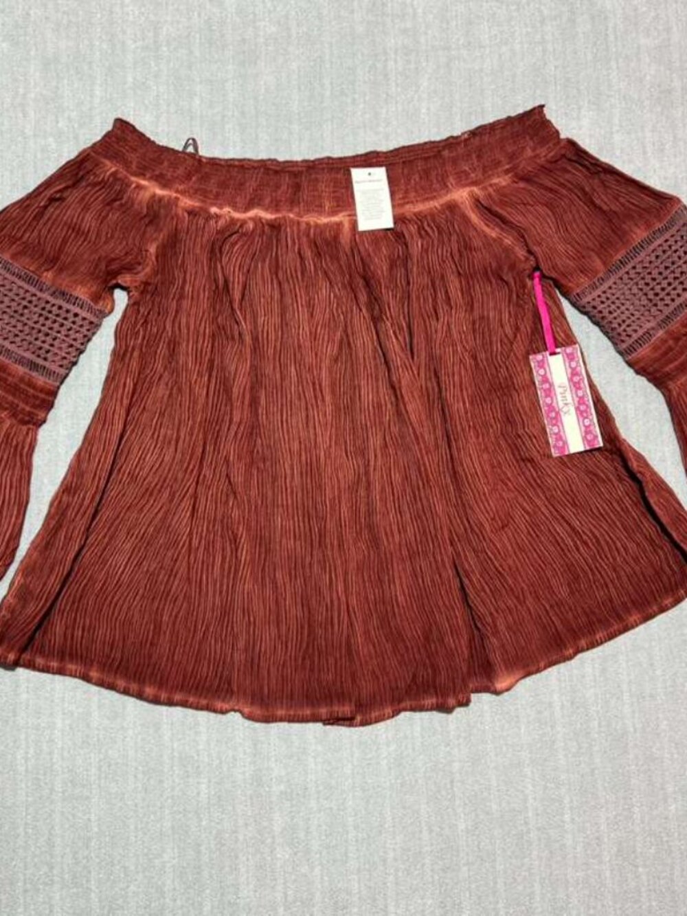 Pinky Boho Off Shoulder Rust Textured Bell Sleeve Blouse L NWT - Picture 2 of 9